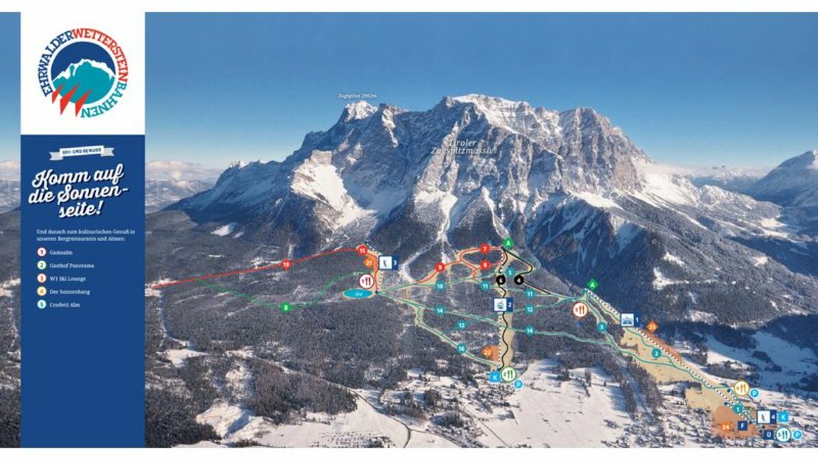 Pistenplan Ehrwalder Wettersteinbahnen Ein Überblick über alle Pisten im Skigebiet Ehrwalder Wettersteinbahnen.